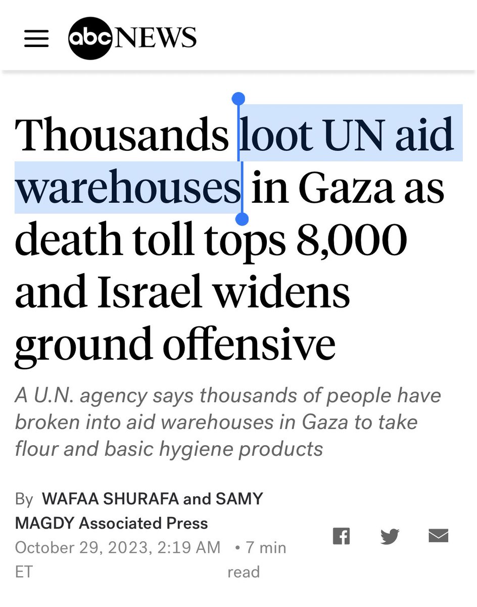 RaniaKhalek's tweet photo. Western media (with help from the UN) have reached the stage of the genocide where they accuse the desperate brown people being bombed and starved of “looting” Omg https://t.co/IuJijw8k40