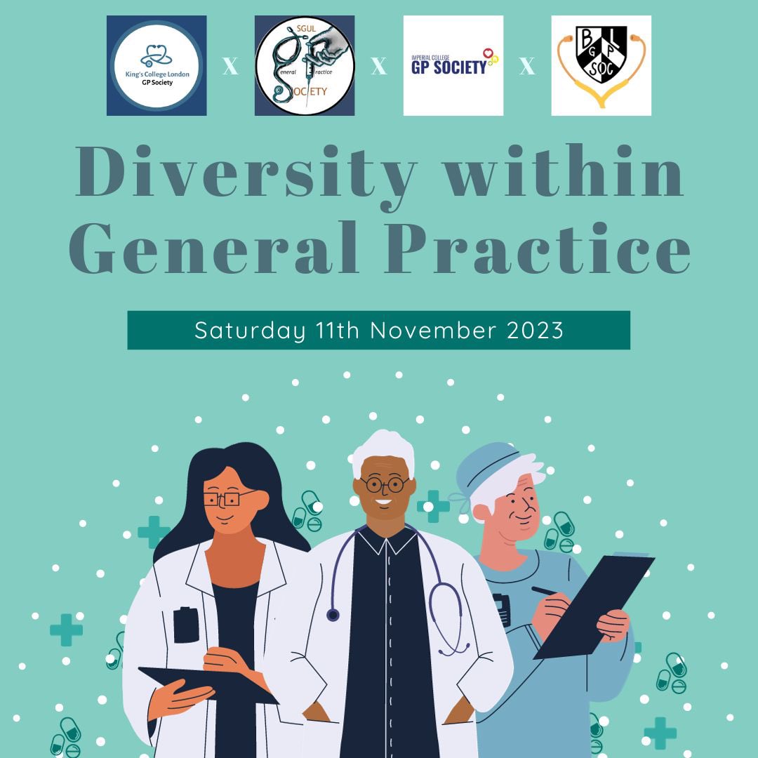 imperialgpsoc's tweet photo. Join us at the online GP Diversity Conference on Saturday 11th November, 2023. 

Hosted by Barts, Imperial College London, King's College London, and St George's GP Societies. 

Bringing together the diverse roles within healthcare! #GPDivCon2023💼🌎

More information to follow👀 https://t.co/qVgXe9SpfZ