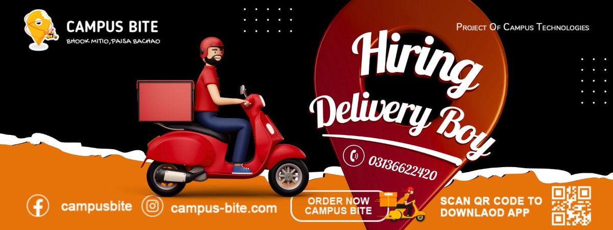 CampusBite's tweet photo. Campus Bite is hiring Delivery Boy.
Contact details are mentioned. Interested persons can contact.
#FoodDelivery #StudentLife #CampusEats #FoodApp #HungryStudents #LateNightMunchies #CollegeLife #AffordableEats #FoodForStudents #DownloadNow #CampusFoodie #TastyTreats #FoodDelive https://t.co/UmkKHC3sgp
