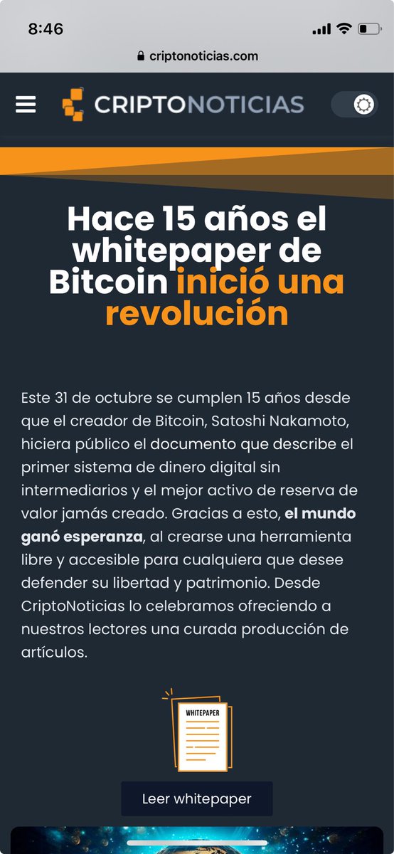 Nos pintamos de naranja para celebrar el 15vo aniversario del lanzamiento del whitepaper de #Bitcoin

Esta concisa pieza de información, decretó una mejora inevitable del sistema financiero mundial: más control y libertad para el individuo.

Acompáñanos: criptonoticias.com