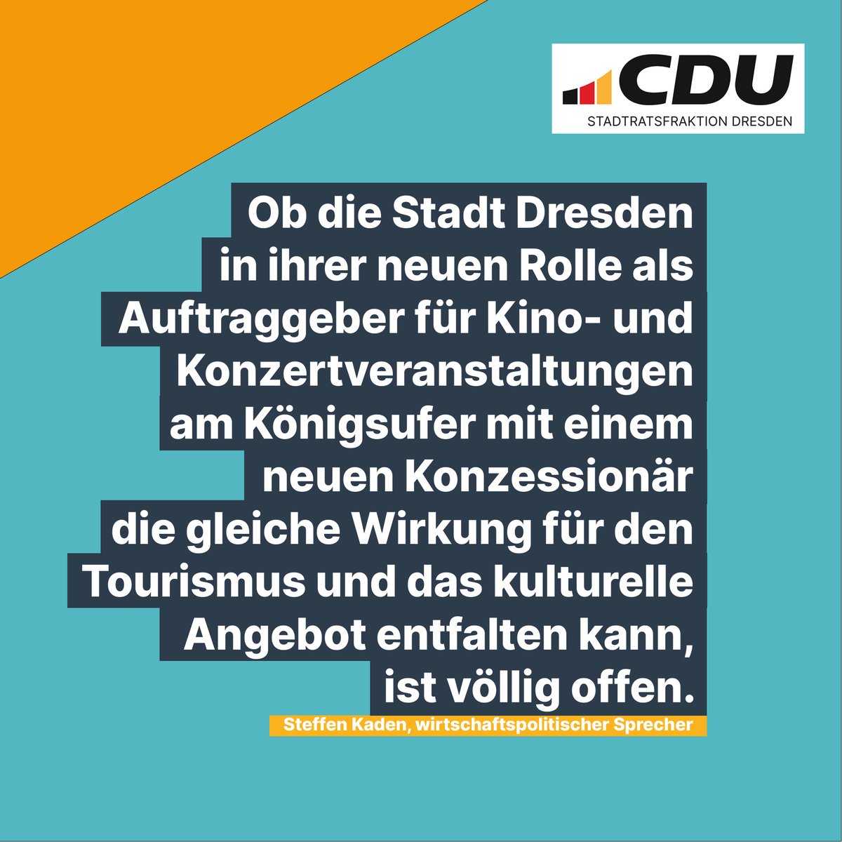 Die <a href="/CDU_Fraktion_DD/">CDU-Fraktion Dresden</a> beantragt die Rücknahme des Stadtratsbeschlusses zur Ausschreibung der
Dienstleistungskonzession für Kino- und Konzertveranstaltungen am Königsufer, denn sie ist mit erheblichen Risiken für den Fortbestand der Filmnächte am Elbufer verbunden. 1/3 #Filmnächte