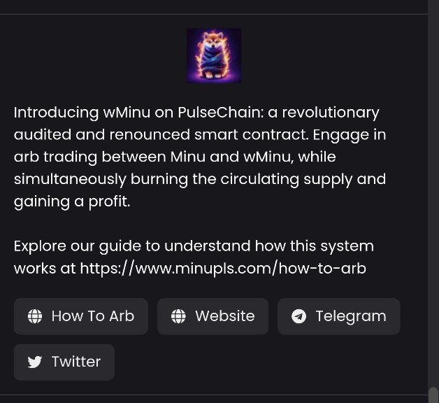MinuPLS's tweet photo. Our wMinu token is now listed on #Dexscreener
#Minu #MegaInu #wMinu #Pulsechain https://t.co/axyplC800N