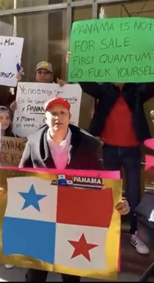 “PANAMA IS NOT FOR SALE; First Quantum GO F**K Yourself” This week Panamanians 🇵🇦 , in their country and abroad, have demonstrated against a mining deal between their government and Canada based First Quantum.  In this photo: Panamanians at First Quantum HQ in Canada 🇨🇦