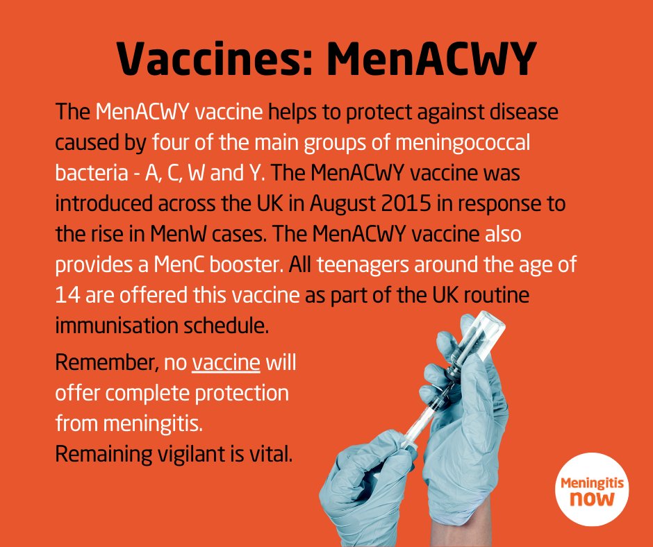 The MenACWY vaccine helps to protect against disease caused by four of the main groups of meningococcal bacteria - A, C, W and Y. 

Remember, no vaccine will offer complete protection from meningitis. Remaining vigilant is vital.

Learn more here 👉 bit.ly/40bhaOM