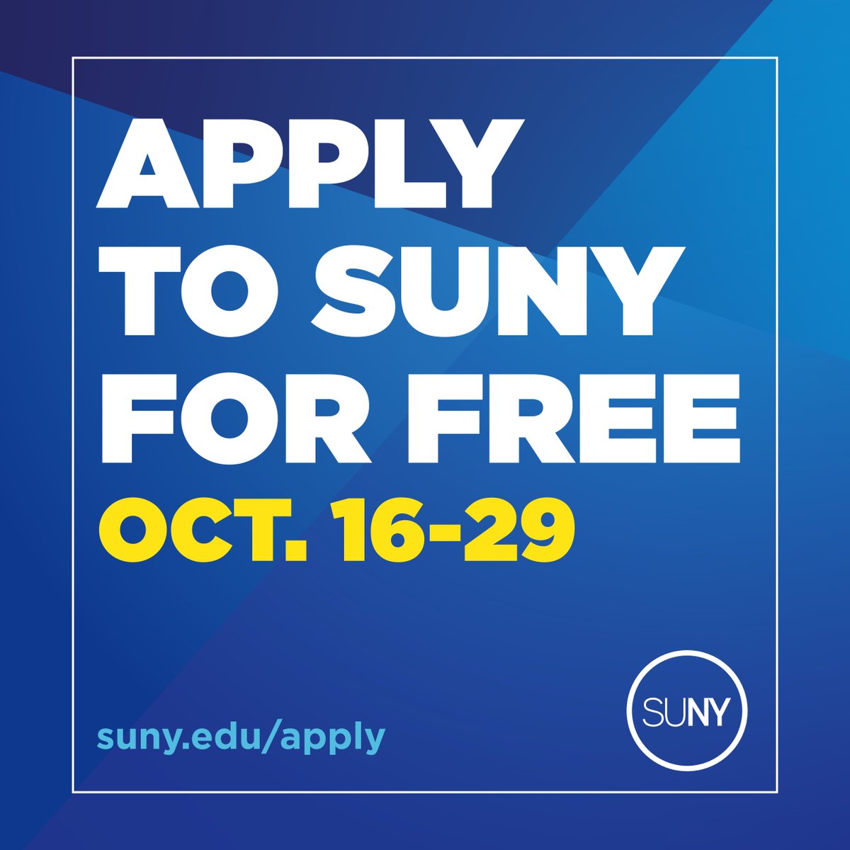Today is the FINAL day of #SUNY Free App Weeks. Don’t miss your chance to get five free campus applications. Apply now: suny.edu/apply #ApplyToSUNY #SUNYForAll