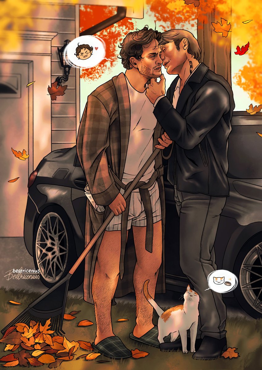 Bobby being a grumpy dad about raking leaves while Nigel is either going to or coming home from his sketchy job, just a day in the life 🍂🐱🍁 #roardogs