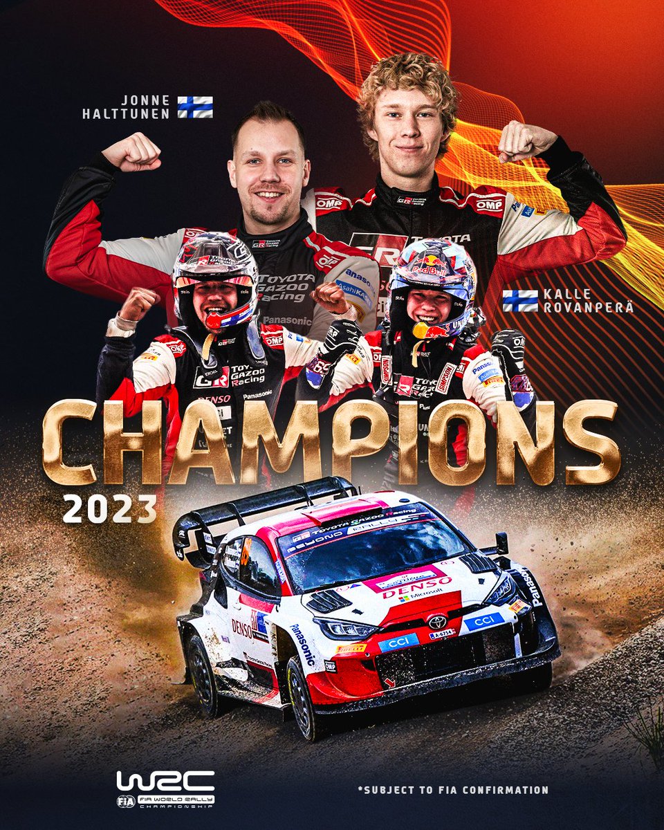 Doble Campeón del #WRC a sus 23 años y 28 días. Kalle Rovanperä y Jonne Halttunen se coronan tras una temporada 2023 muy inteligente y en la que han demostrado velocidad en todos los terrenos 

¡Enhorabuena! 🏆