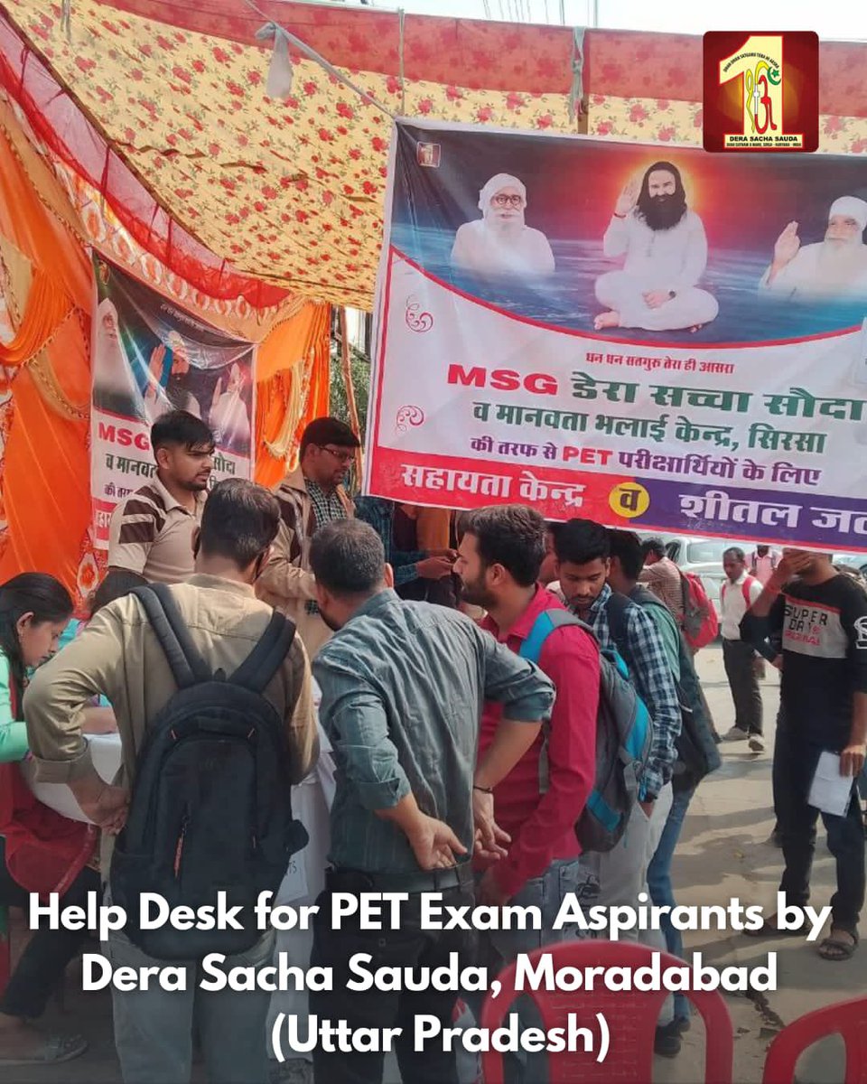 DSSNewsUpdates's tweet photo. Dera Sacha Sauda volunteers from Moradabad, Uttar Pradesh transformed worries into certainties through their comprehensive help desk. They provided practical information like bus routes to ensure a smooth journey for aspirants to the exam center. Have a look! #PETExamHelp #PETExamUttarPradesh #HelpDeskDSS