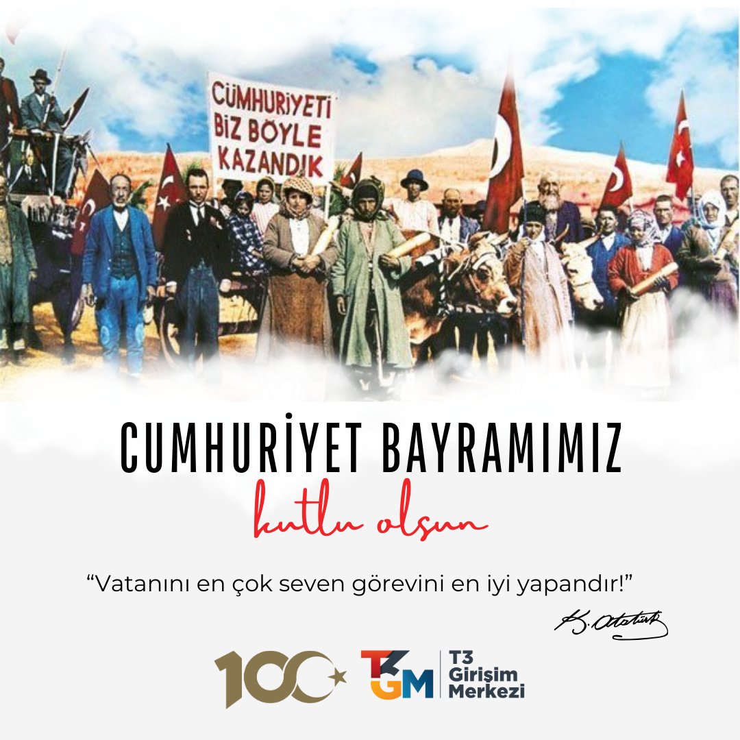 Gazi Mustafa Kemal Atatürk’ün “Cumhuriyeti biz kurduk; onu yükseltecek ve devam ettirecek sizsiniz! “ sözünden aldığımız görev bilinciyle Cumhuriyet’imizi bilim ve teknolojide muasır medeniyet seviyesinin üzerine çıkarmak için çabalıyoruz. 🇹🇷

#Cumhuriyet100Yaşında #T3Vakfı #T3GM