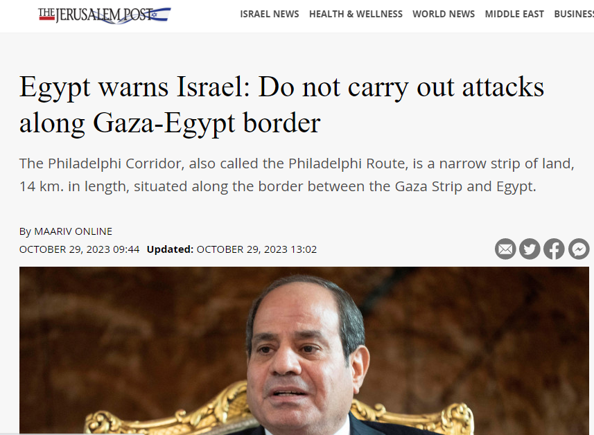 مصر رفضت اعتذار إسرائيل عن الأضرار اللي حدثت في برج المراقبة التابع لها بعد القصف الإسرائيلي حيث ترى أنه لم يكن سهواً، بل استفزازاً متعمداً

 مصر حذرت إسرائيل من القيام بعمليات عسكرية على طول محور فيلادلفي 

مصر قد تتخذ خطوات دبلوماسية من شأنها أن تحد من العلاقة بين إسرائيل ومصر