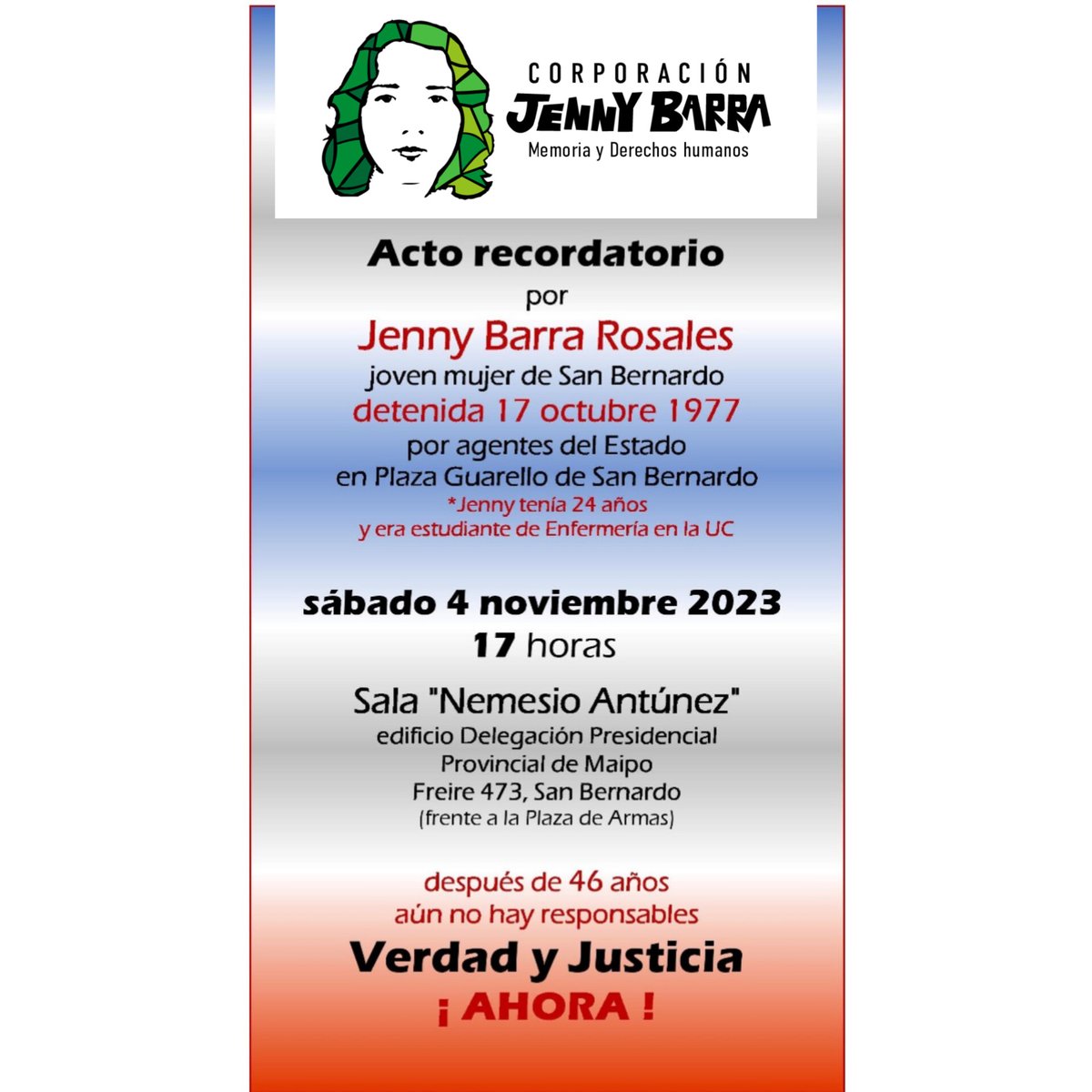 Este sábado 4 de noviembre  conmemoramos los 46 años de la detención y desaparición de Jenny Barra. Su crimen está impune. Acompáñanos. <a href="/AFDDChile/">AFDDChile</a> <a href="/AFEPSantiago/">AFEP Santiago</a> <a href="/Londres_38/">Londres 38, espacio de memorias</a> <a href="/prensaopal/">OPAL prensa</a> <a href="/PiensaPrensa/">PIENSAPRENSA 359 mil Seguidores</a>