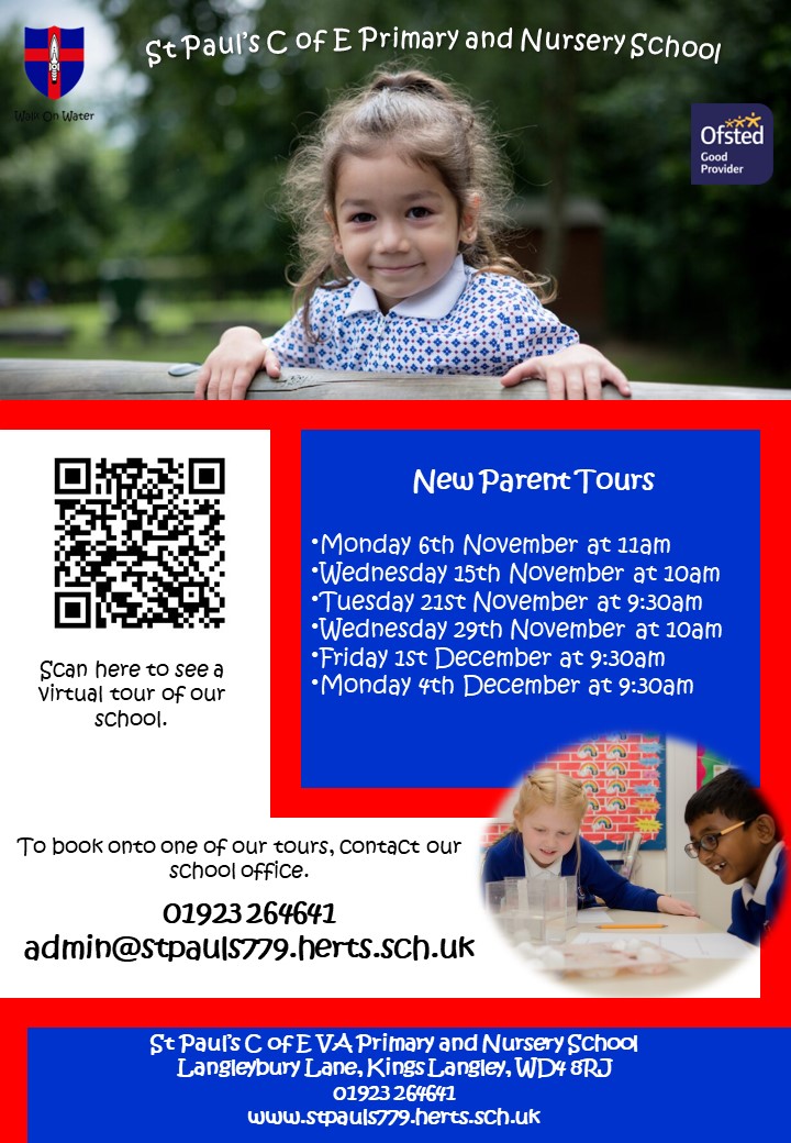 If you are looking for a nursery or reception place for your child, why not come for a tour? We have some places in other year groups too. Contact our school office for more information or to sign up for one of the tours listed below!