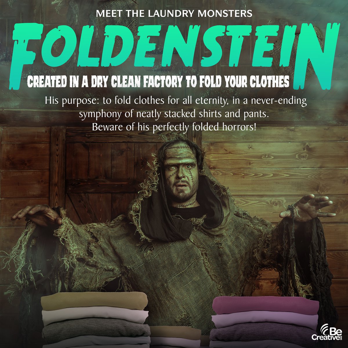 Meet one of our #laundrymonsters - Foldenstein! Created in a dry cleaning factory, this monster has one goal - to provide you with endless perfectly folded clothing. It's almost scary... how spookily perfect Foldenstein can fold!🧟‍♂️ #LaundryMonster #Frankenstein #HorrorComedy