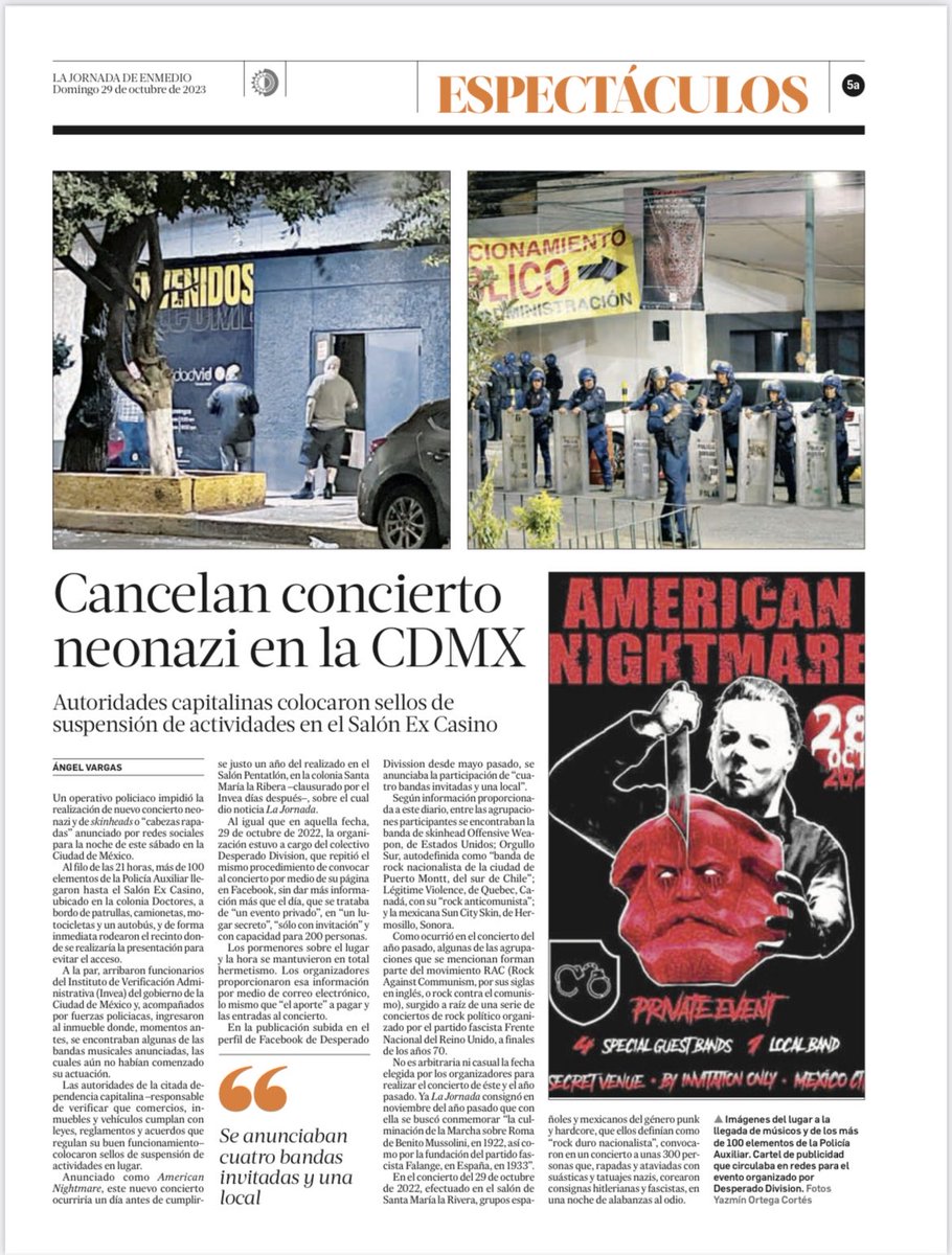 De ⁦@ngelvargas⁩. Cancelan concierto neonazi en la Cdmx ⁦@lajornadaonline⁩