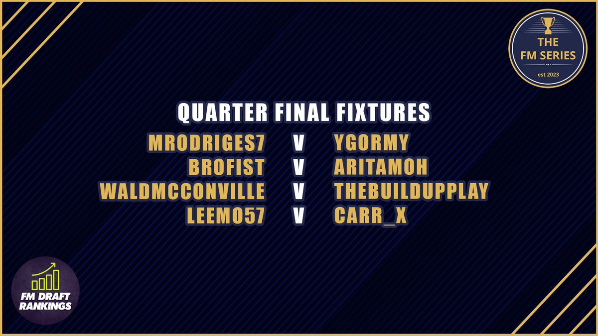 thefmseries1's tweet image. Here are the Qtr Final Fixtures for the Super Series k/o format.

@FMRankings #FMSeries