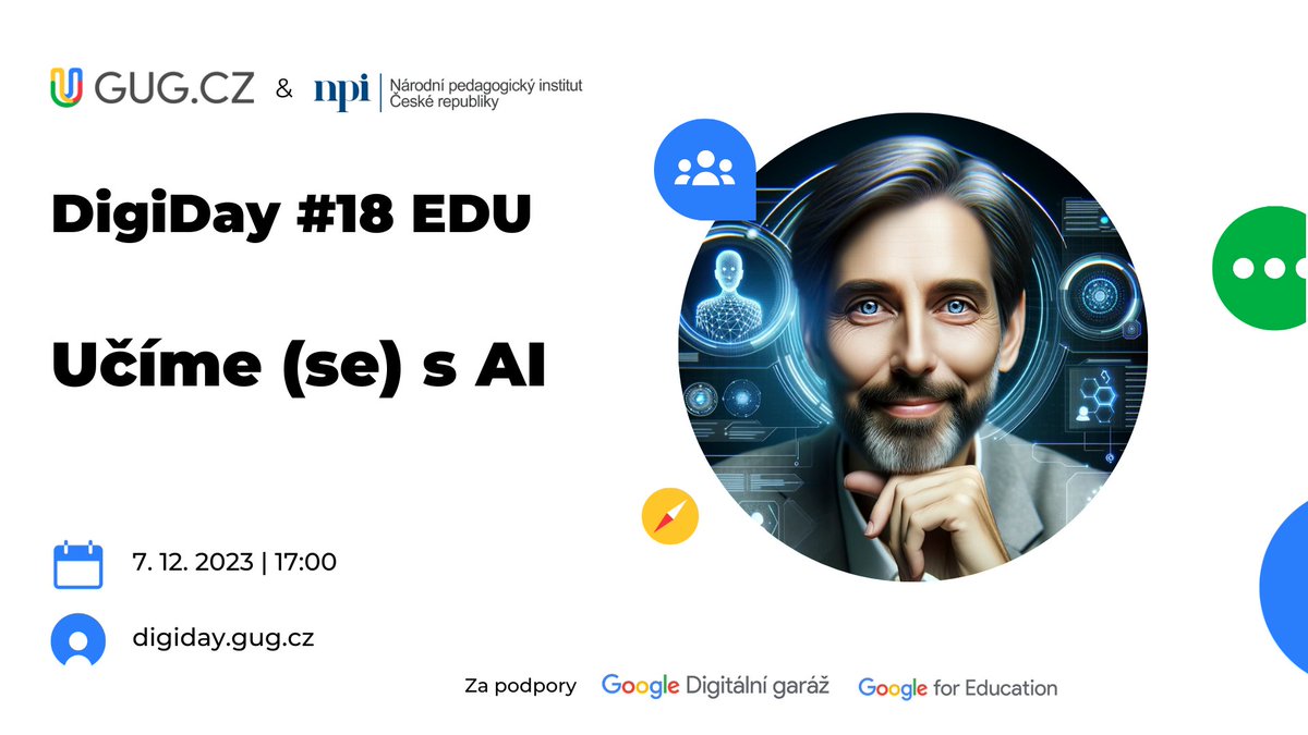 Umělá inteligence už tady je a ve školách zůstane. Pozvali jsme na DigiDay ty učitele, kteří ji běžně používají a mají osvědčené metodiky. Plus pár lidí mimo školství. Protože AI není jen bublina, ale velká věc🙂. 
Přijďte na digiday.gug.cz! 
Pořádá <a href="/GUGcz/">GUGcz</a> a <a href="/NPI_CR/">Národní pedagogický institut ČR</a>