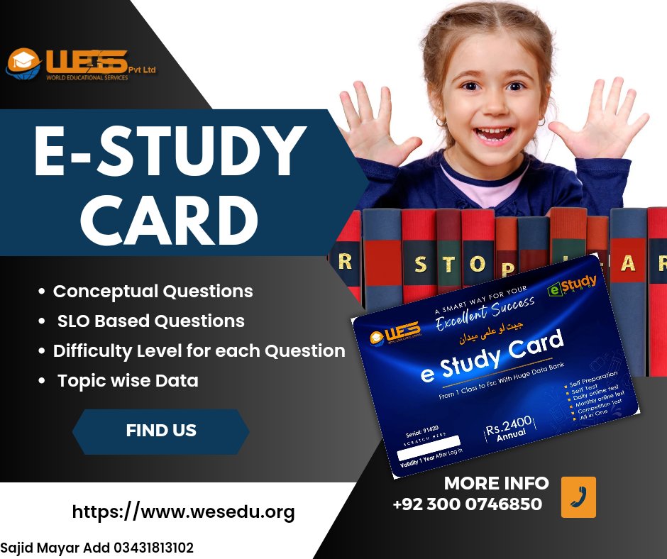 ShyhzadKhan's tweet photo. Explore the potential of the #WESeStudyCard - designed for students like you! It comes with conceptual and SLO-based questions, self-preparation, self-testing, regular online tests, competition prep, diverse difficulty levels, and topic-wise data. Connect with @wesedu737 now! https://t.co/ODSbZig6Up