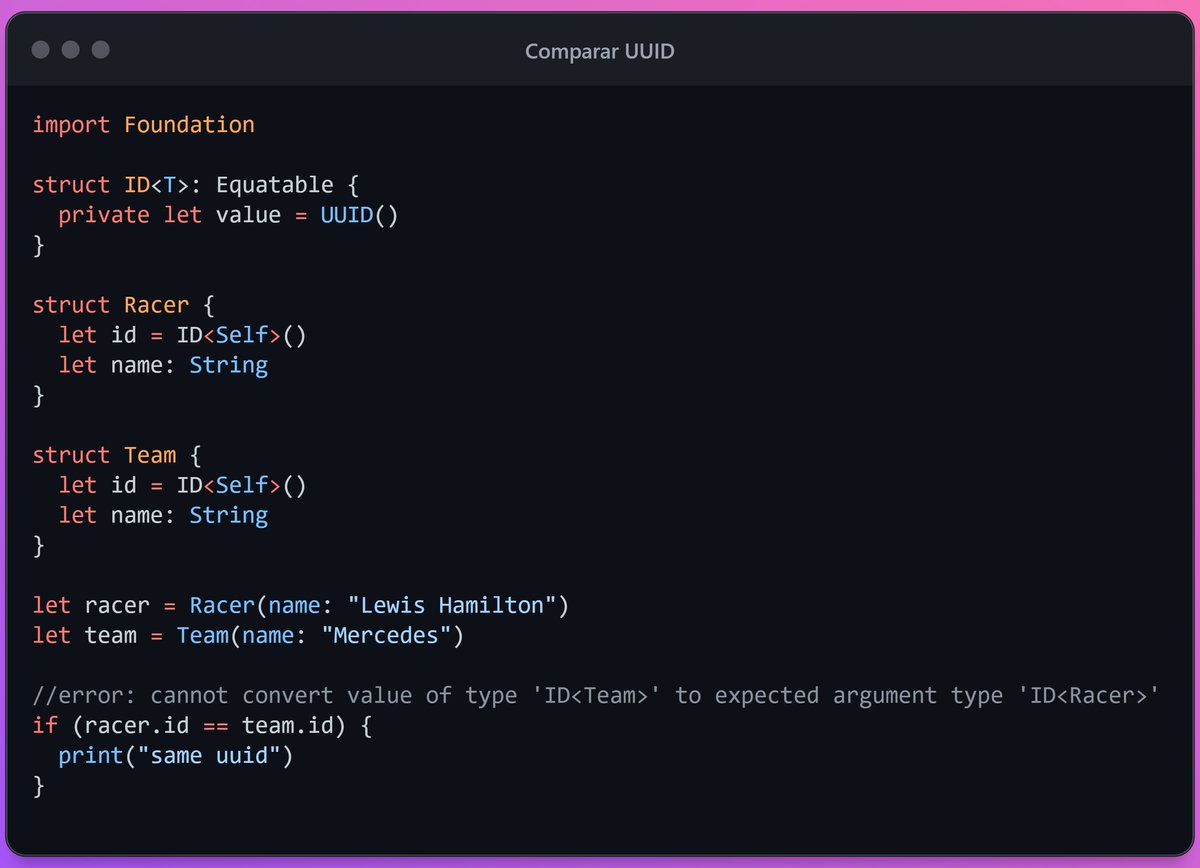 Codelaby's tweet image. Forma para comparar UUID, evita comparar id de diferentes tipos de entididad en #swift

#swiftlanguage #iosdev