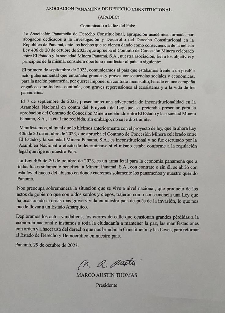 Comunicado de la Asociación Panameña de Derecho Constitucional (APADEC) a raíz de la Ley 406 de 20/10/23 y situación actual