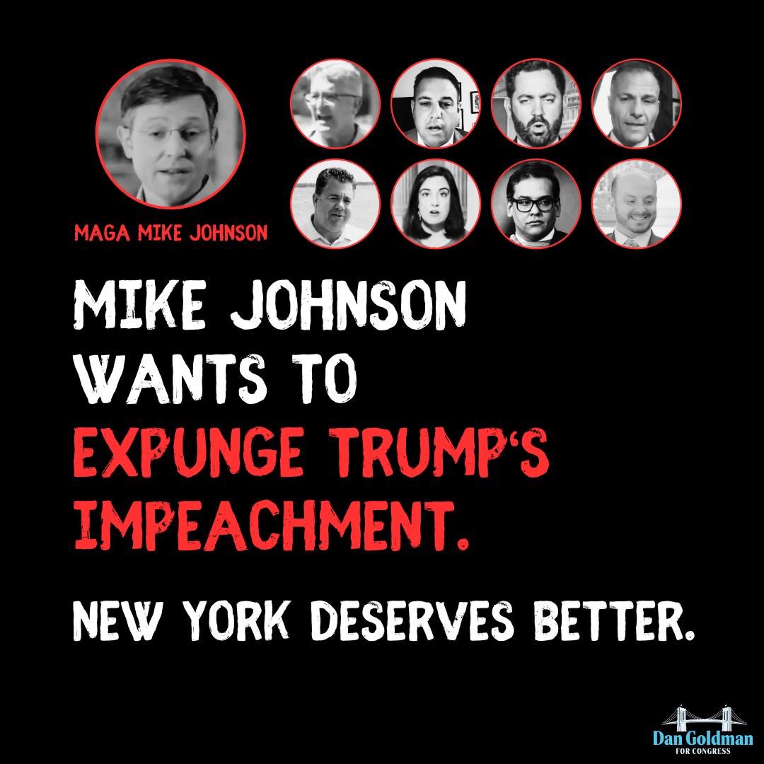 Today is @SpeakerJohnson’s fifth day as Speaker. In an effort to appease Trump and do his bidding in Congress, Mike Johnson supported the “expungement” of Trump's first impeachment. Every NY Republican voted for him. New Yorkers deserve better.