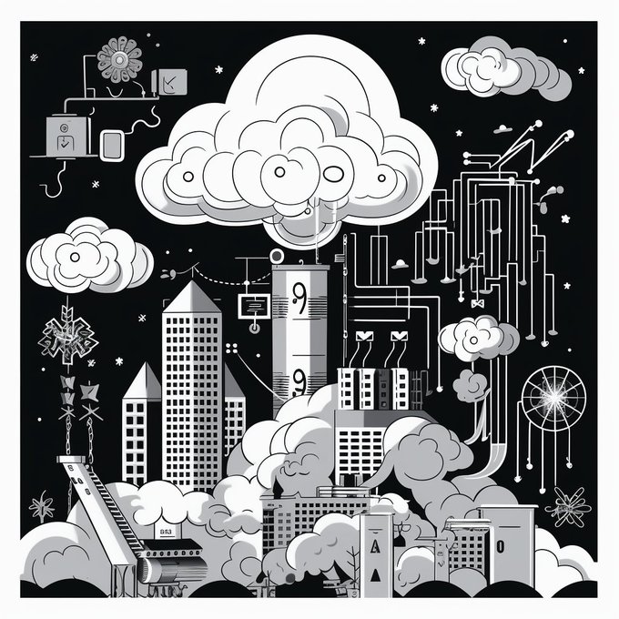 Black and white illustration in a 1960s style depicting a split scene. On one side, a large cloud symbol with the Microsoft logo, surrounded by smaller AI icons, showing growth with an upward arrow indicating 19.4% growth. On the other side, a cloud symbol with the Alphabet logo, and a chart below it showing $8.4 billion, slightly below a marked expectation of $8.6 billion. In the background, a silhouette of a city skyline, symbolizing the tech industry, with AI circuits interwoven, highlighting the importance of AI in the industry.