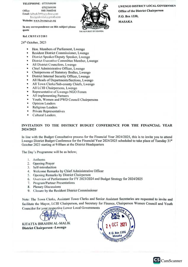 The Lwengo District Budget Conference for the 2024/25 Financial Year will take place on Tuesday 31st October 2023 at the District Headquarters. You may join us.