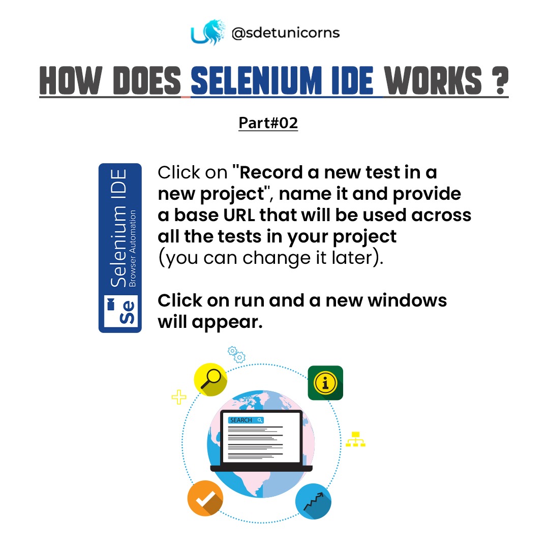 sdetunicorns's tweet image. Click on ''Record a new test in a new project'', name it and provide a base URL that will be used across all the tests in your project (you can change it later). Click on run and a new windows will appear.
#TestAutomationLife #DevOpsTesting #CrossBrowserTesting