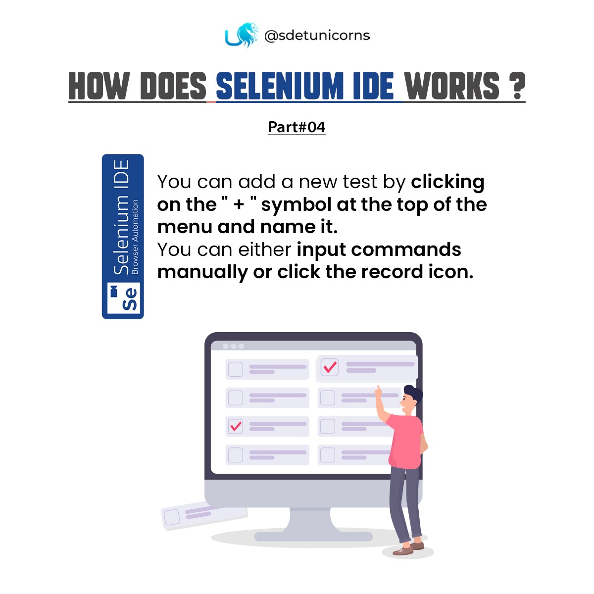 sdetunicorns's tweet image. You can add a new test by clicking on the " + " symbol at the top of the menu and name it. You can either input commands manually or click the record icon.
#TestAutomation #QualityAssurance #SeleniumScripts