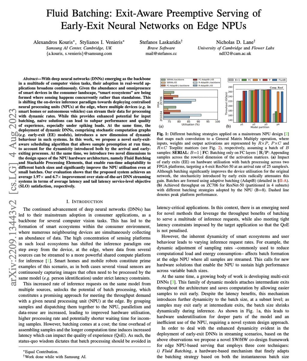 Steve Laskaridis (@stevelaskaridis) on Twitter photo This Wednesday (Nov 1st), <a href="/SIVenieris/">Stylianos I. Venieris</a> will be presenting our work on "Fluid Batching: Exit-Aware Preemptive Serving of Early-Exit Neural Networks on Edge NPUs" at #ICCAD2023. Tune in for more ...
Preprint: arxiv.org/abs/2209.13443
Co-authored-by: <a href="/kouris_a/">Alexandros Kouris</a> , <a href="/niclane7/">nic lane</a> This Wednesday (Nov 1st), <a href="/SIVenieris/">Stylianos I. Venieris</a> will be presenting our work on "Fluid Batching: Exit-Aware Preemptive Serving of Early-Exit Neural Networks on Edge NPUs" at #ICCAD2023. Tune in for more ...
Preprint: arxiv.org/abs/2209.13443
Co-authored-by: <a href="/kouris_a/">Alexandros Kouris</a> , <a href="/niclane7/">nic lane</a>