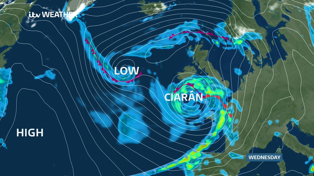 #StormCiaran named by the Met Office 💨 Dangerously strong winds Thursday ⬇️ Possibly record breaking low pressure centre 949hPa (Lowest 948.4 hPa in 1954) ⚠️ Damaging wind gusts likely 🌊 Large Waves Expect further warnings with higher severity. Stay across the latest forecast