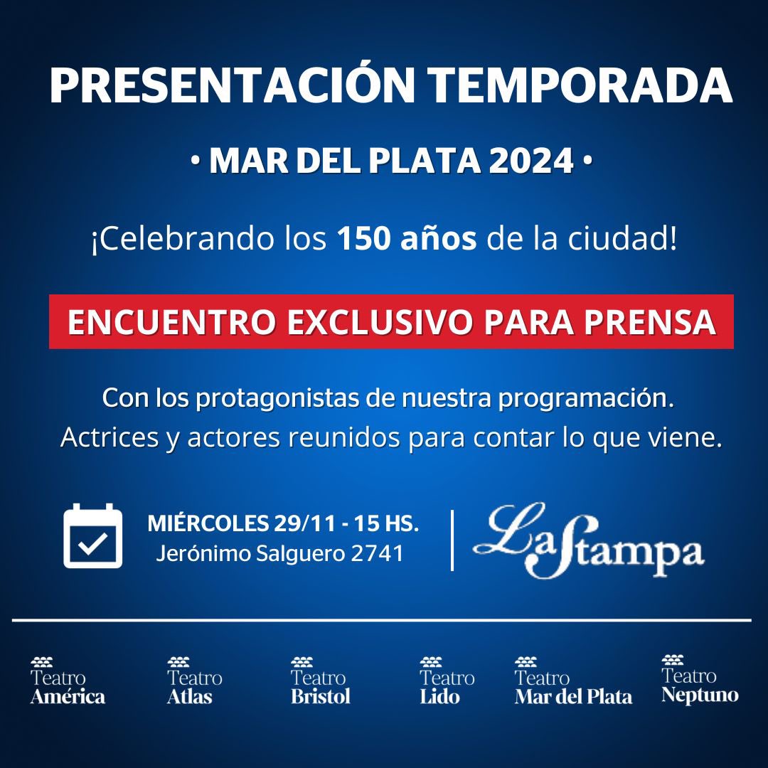 📣 Algunos de los artistas de nuestra programación teatral Mar del Plata 2024, juntos para el próximo encuentro exclusivo con la prensa nacional, presentando la Temporada Gigante Aniversario 150° de la ciudad: Jorgelina Aruzzi, Leonor Benedetto, Martín Bossi, Luciano Cáceres,
