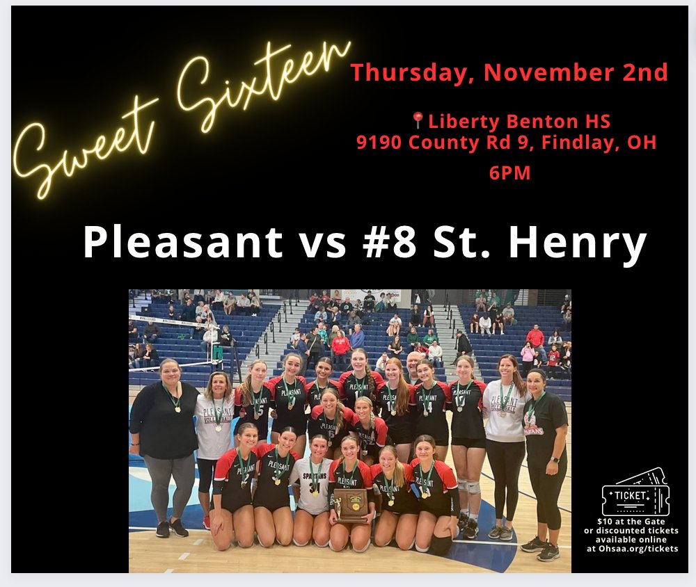 For only the 4th time in school history, Pleasant heads to the Sweet Sixteen!!!! We will play state-ranked St. Henry. They will bring their entire community so we need ours to show up for our girls!!!! 

WE BELONG!!!!!!!
@SpartansPABC 
@pls_spartans 
@McMotorsport