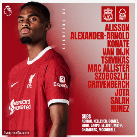 AzriAhmad9696's tweet photo. This is the starting 11 and the subs for Matchday 10, Liverpool vs Nottingham Forest. Come On You Reds!.
#LIVNFO #YNWA #Liverpool4Life https://t.co/bsVF03B7Tl