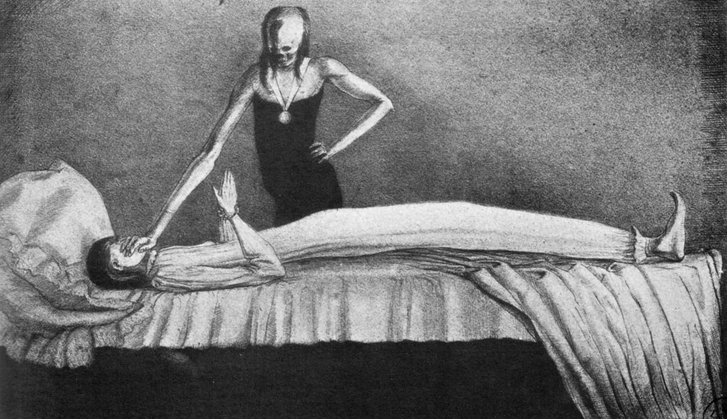 The mårt is a spirit being, a nightmare, that sits upon a sleeping person's chest. It can be captured by grasping it with an inherited glove or by closing up all of the room's openings as soon as the sleeping person begins to groan...

#31DaysofHalloween #31DaysofHaunting 🎨Kubin