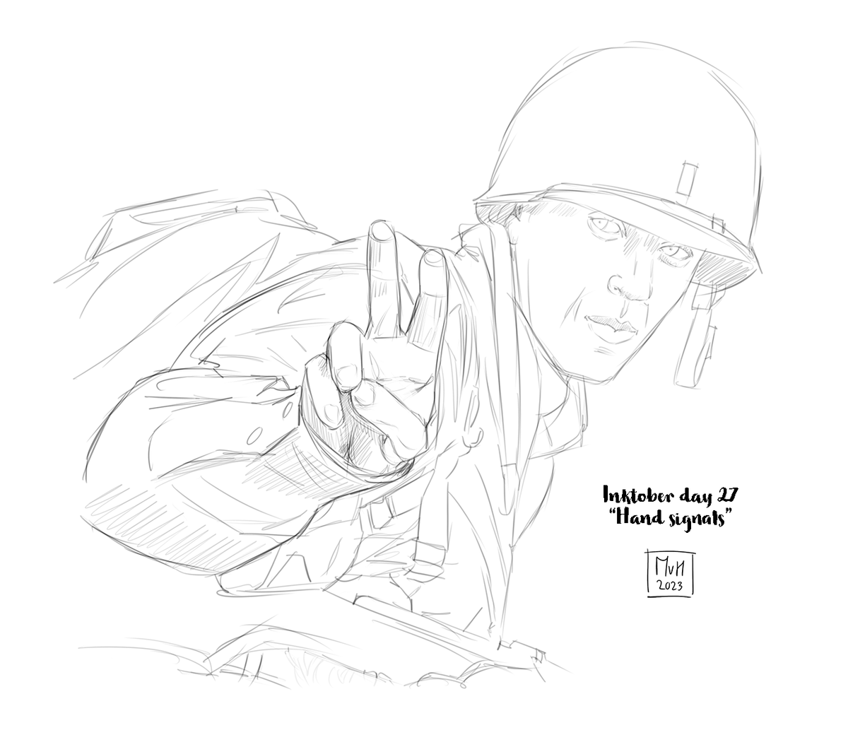 BoB Inktober day 27. Hand signals. My one mistake in this whole Inktober challenge was to take a break. Now I'm just running to catch up. But I do love this sketch of Winters and one of the many times he signals his men. #inktober #inktober2023