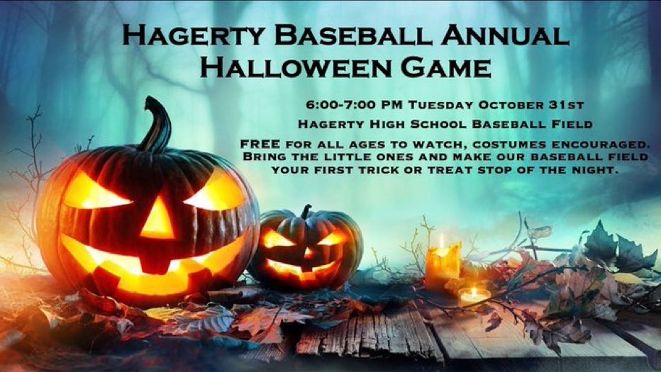 This Tuesday is Halloween 🎃 👻 
5:30pm pictures &amp; team warm ups. 
6-7pm: simulated squad game in costume. 
Fun to watch, &amp; it’s Free.. 
Candy for the little kids.. start off your trick or treating with us &amp; head out from Hagerty after a few inns. of ⚾️. As Always, Go Huskies!