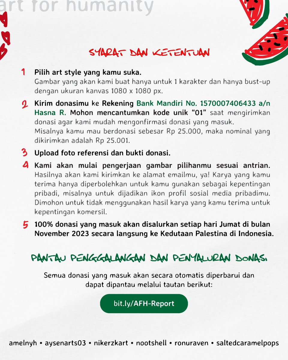 🇵🇸 ART FOR HUMANITY 🇵🇸 Halo! Kami membuka art commission yang 100% pendapatannya akan disalurkan untuk bantuan kemanusiaan melalui Kedubes Palestina untuk Indonesia. Kamu bisa donasi berapapun, nanti kami gambarin! 🔗 bit.ly/AFH-Donasi #freePalestine #CeasefireNOW