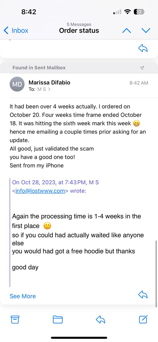 rissadifabio's tweet photo. literally i was nice the first couple of emails asking for an UPDATE not even a tracking number… this tweet made them cancel my order 🤣 it’s been almost six weeks now so yeah i was suspicious 🤨 now I know not to buy full price https://t.co/1tBodz5XYo