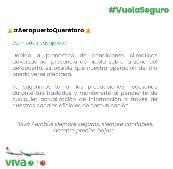 VivaTeEscucha's tweet photo. #VivaInforma #AvisoImportante #AeropuertoQuerétaro⚠️🌫️ 

Entérate en tiempo real del estatus de tu vuelo dando clic aquí 👉https://t.co/BYxF6qyfad 

Consulta información adicional relacionada con esta afectación desde el siguiente enlace👉 https://t.co/CC9bWEg9gM https://t.co/PtCyzfTipX