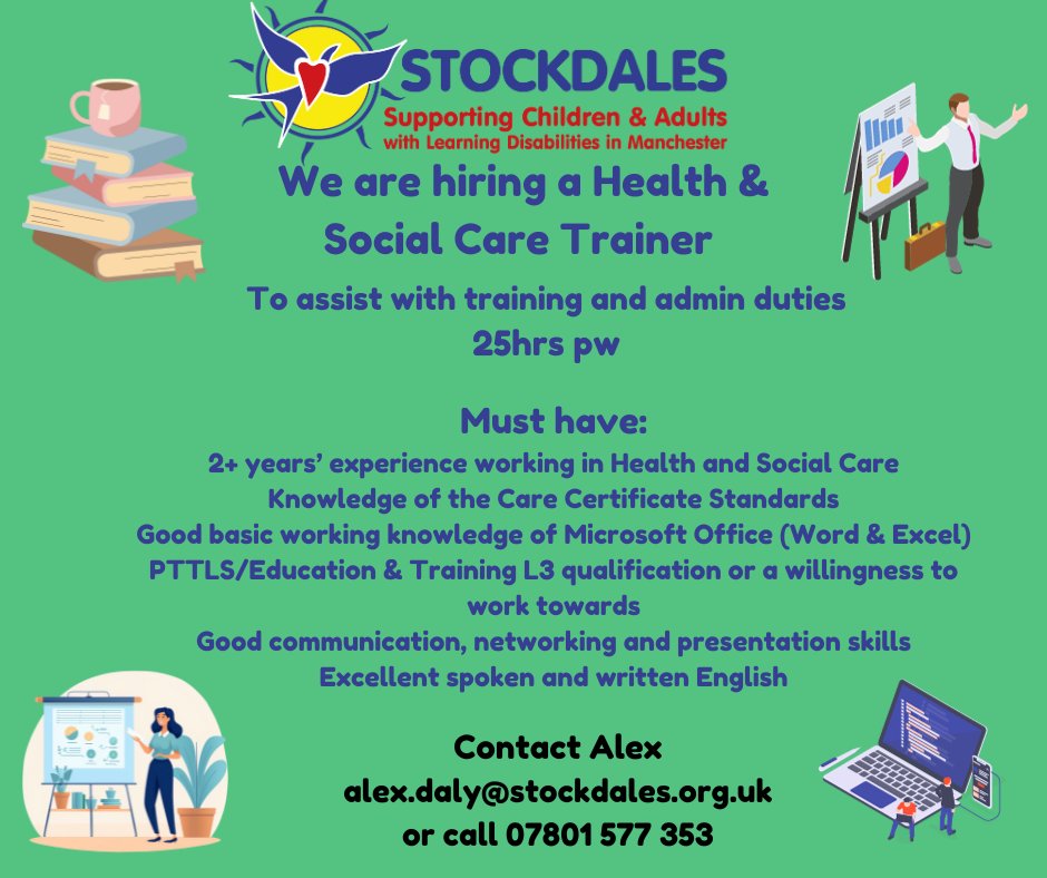 We are hiring a Health &amp;Social Care Trainer - Come and join our team!
#sale #altrincham #timperley #urmston #stretford #wythenshawe #chorlton #healthandsocialcaretrainer #trainingassistant #localcharity #healthandsocialcare #trainer