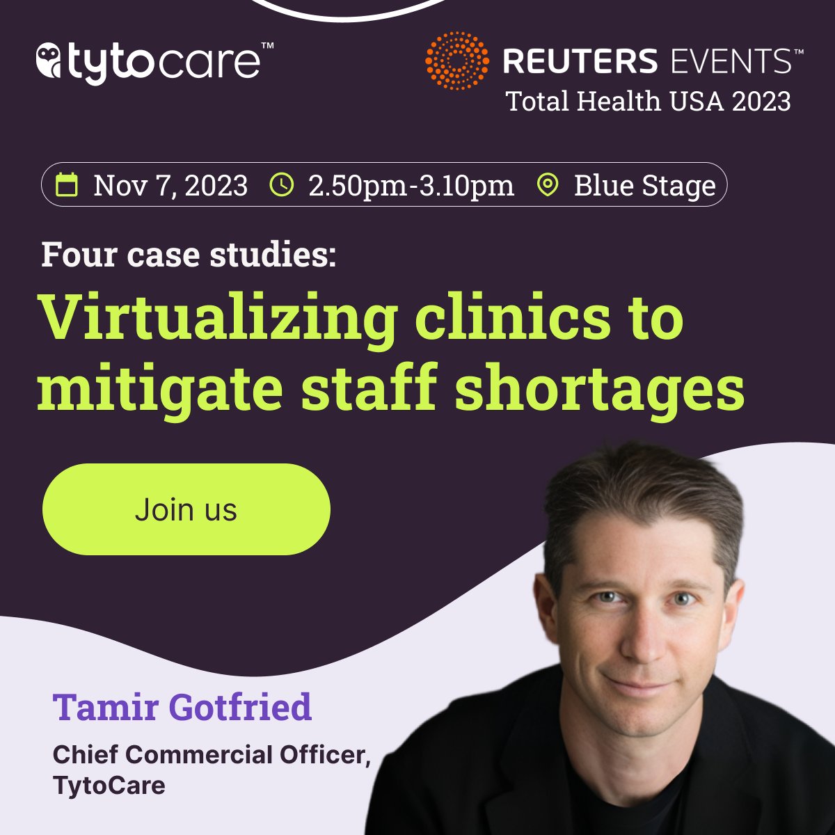 #Totalhealth2023 is coming up, and <a href="/TytoCare/">TytoCare</a> will be there! We can’t wait to connect with you in person at the event. 

Our CCO @Tamir Gotfried will be speaking about virtualizing clinics to mitigate staff shortages at the Blue Stage at 2:50 pm on November 7!