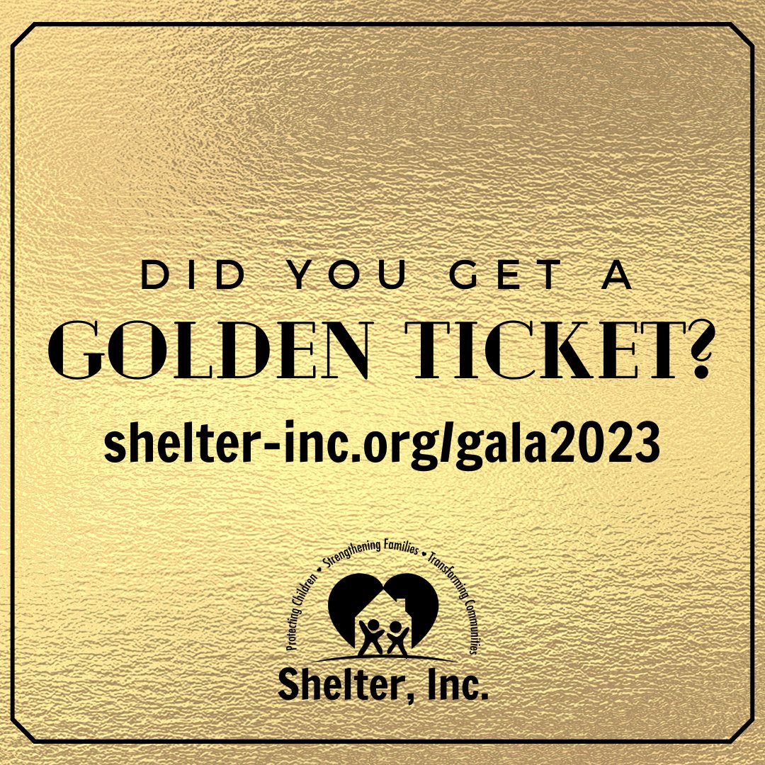ShelterInc's tweet photo. Shelter's 36th Annual Gala is on Friday, November 17th! Come enjoy curated cocktails, a live band &amp; DJ, Silent Auction, &amp; a delicious dinner. Your support truly makes a difference!

🎩 Get your Golden Ticket at https://t.co/J5t2XjZSzT

#ShelterGala #GoldenTicket #ShelterGala2023 https://t.co/YfyKAKTa5X