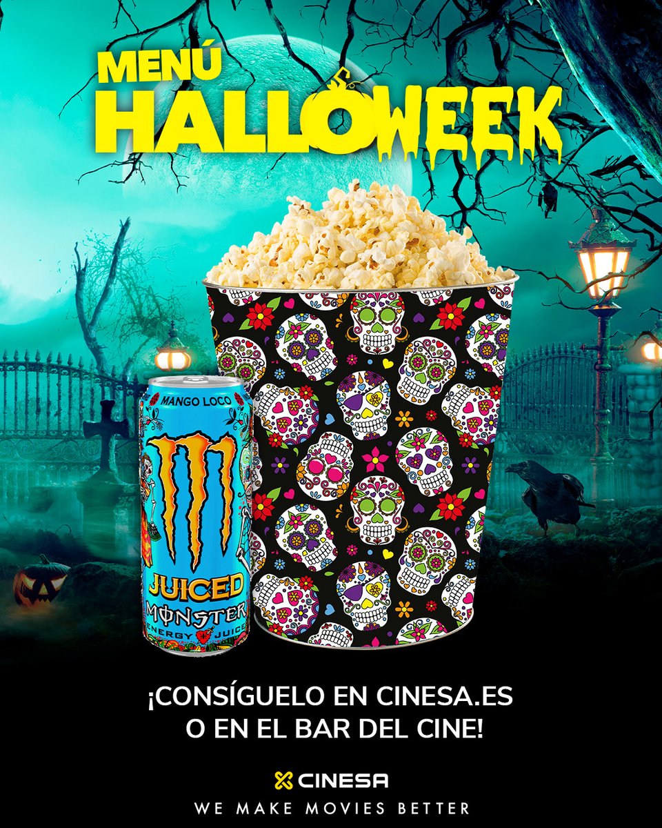 Cinesa's tweet image. La Halloweek en CINESA ya está aquí ¡del 30/10 al 2/11! 🎃

Vive una experiencia terrorífica en nuestros cines. Acompaña las películas con un menú especial 👇

Palomitero XL de calaveras de catrinas con 1 Monster Mango Loco o 1 Refresco Grande 💀

#Cinesa #Halloweek