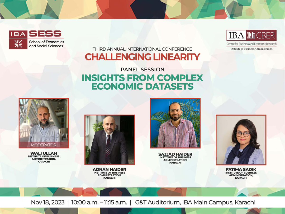 IBACBER's tweet photo. Unlock the power of data!

Join us for a captivating panel session on 'Insights from Complex Economic Datasets' at #CBERCon2023 #ChallengingLinearity

Don't miss out on this data-driven discussion w/ Dr. Adnan Haider, Dr. Sajjad Haider, &amp; Fatima Sadik, moderated by Dr. Wali Ullah https://t.co/tea5flhFJU