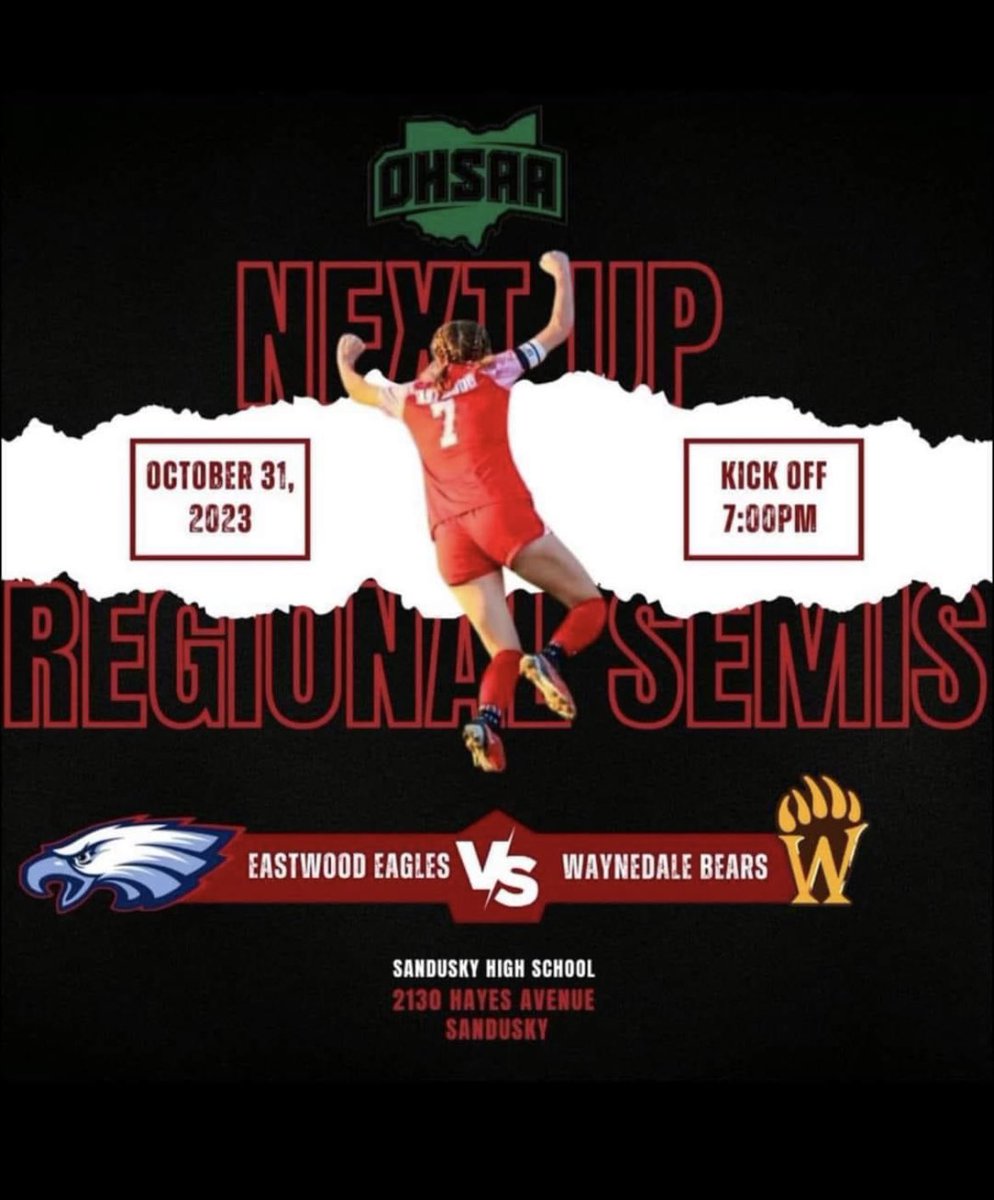 Students:  we are putting together a spirit bus to head to Sandusky to cheer on the District Champion Eagles!  Bus will depart Eastwood at 5:40.  Sign up to ride the bus in the main office on Monday