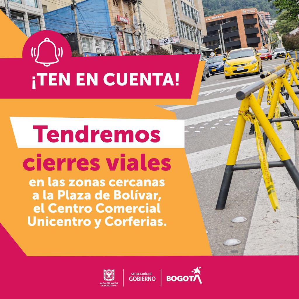 Si te diriges a votar a la Plaza de Bolívar, Corferias o el Centro Comercial Unicentro, ten en cuenta que debes tomar vías alternas ya que en la zona habrá cierres temporales.