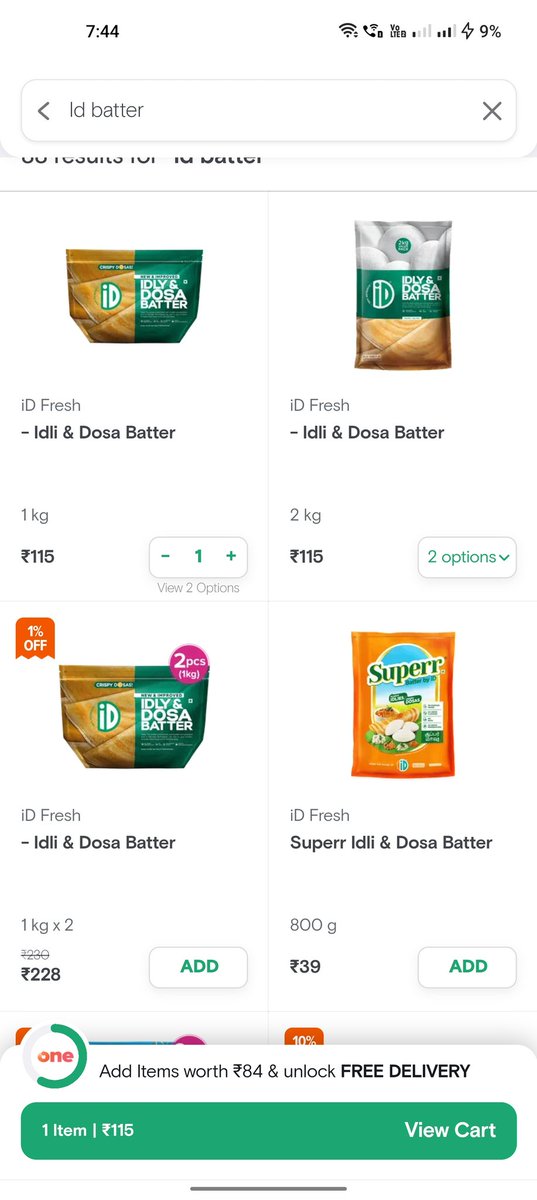 Another reason why I ordered on <a href="/ZeptoNow/">Zepto</a> today 

<a href="/Swiggy/">Swiggy</a> <a href="/SwiggyInstamart/">Guess Who?</a> <a href="/SwiggyCares/">Swiggy Cares</a> <a href="/harshamjty/">Sriharsha Majety</a> shows price of both 1kg and 2kg of ID batter at the same price. Something is not right team swiggy.  Pls check.
<a href="/IDFreshFood/">iD Fresh Food</a> <a href="/Musthafa_PC/">Musthafa PC</a>