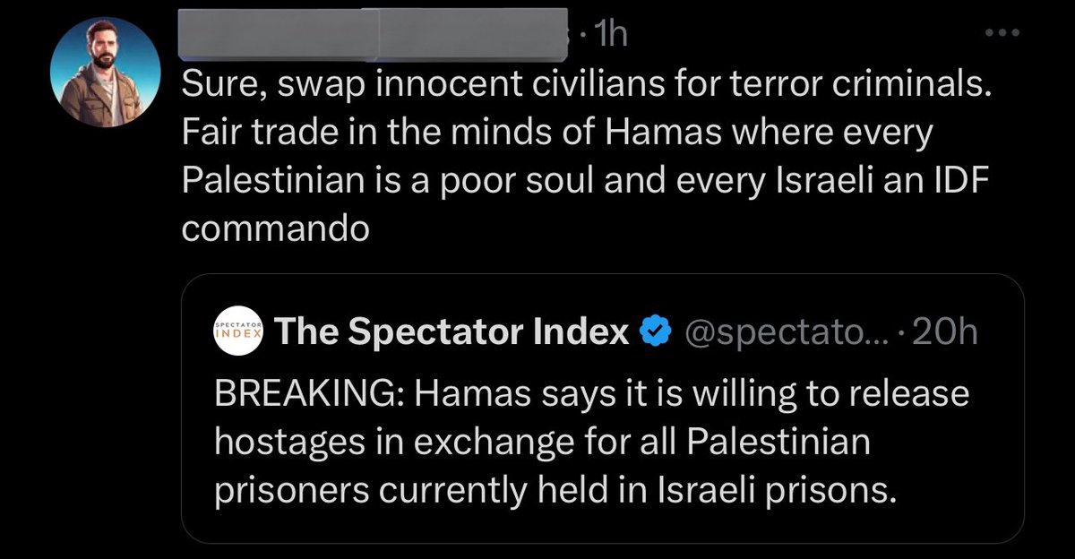 I’ve been seeing a lot of takes like this and I don’t think people realize that a quarter of palestinian prisoners in israeli prisons are not on any charges or trial. they literally just keep them there indefinitely on no charges