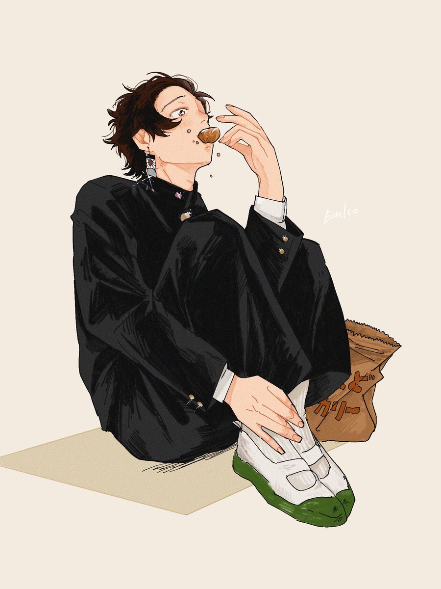 kamado tanjirou 1boy male focus solo eating school uniform earrings sitting  illustration images