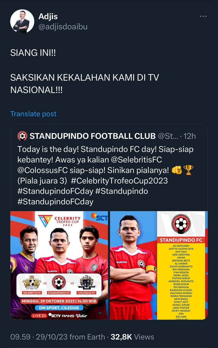 Alhamdulillah, beneran kalah.

Pencapaian yg sangat bagus, main bola disiarkan di tv nasional dan satu Indonesia bisa lihat kami kalah. 

Timnas Argentina aja belum tentu bisa kalah di Sctv! 

Mantap players <a href="/Standupindo_FC/">STANDUPINDO FOOTBALL CLUB</a> lanjutkan trend negatif ini! 🫶🏻